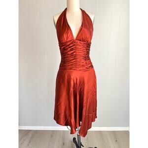 Vintage Y2K Cache Silk Ruched Dress 4 Burnt Orange Rust Asymmetric Fairy Halter